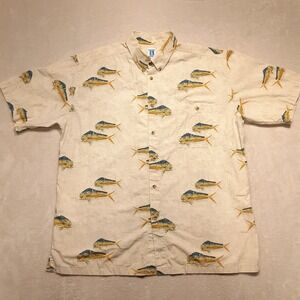 Hook & Tackle Mens Short Sleeve Button Shirt Sz.XL/Beige Fish Print/Camping